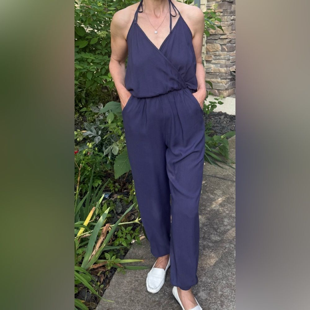 Tobi Purple/Blue Ink Halter Neck Jumpsuit with Pockets, Size Small
